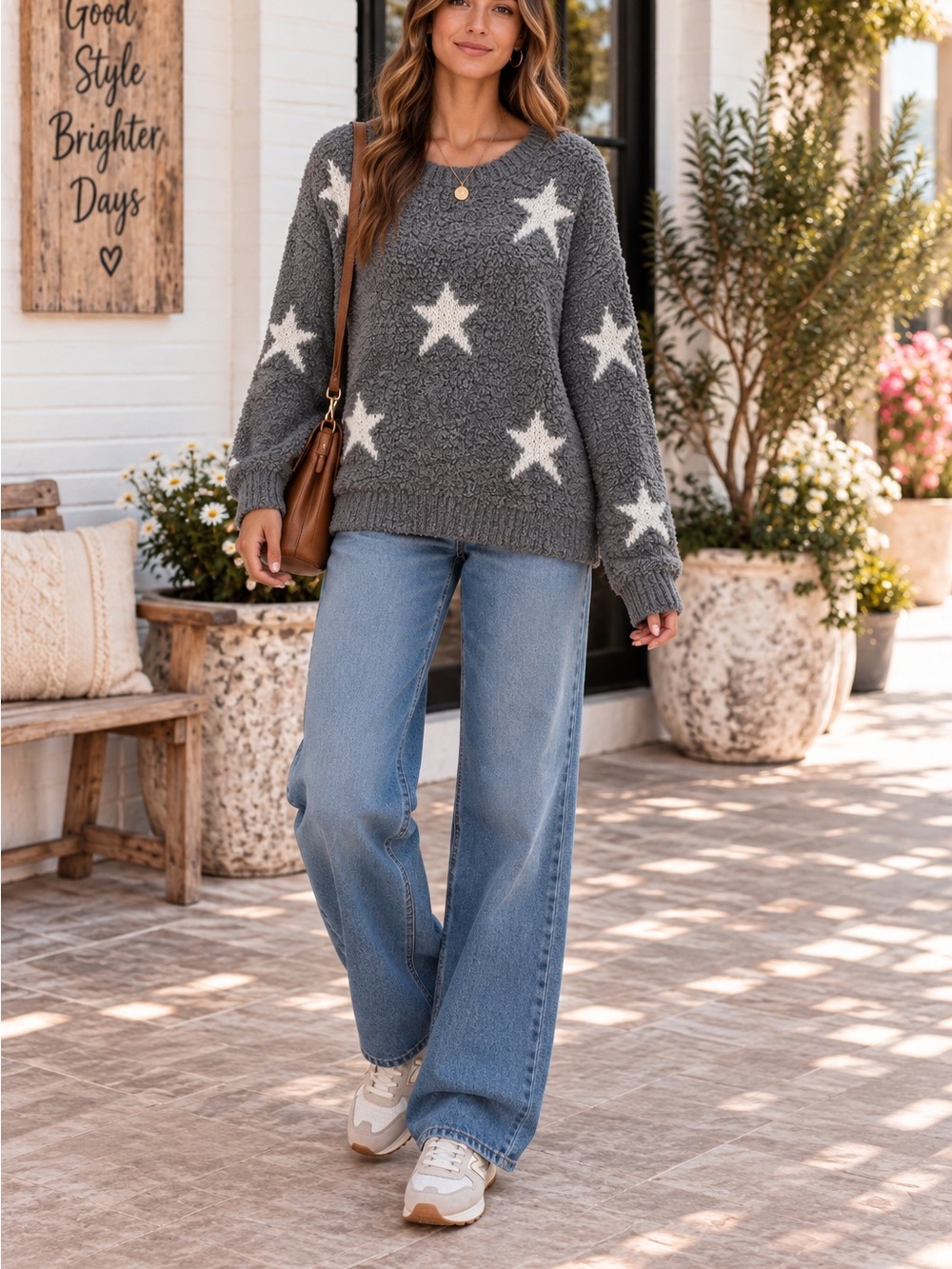 POL Gray Crewneck Sweater with White Star Pattern